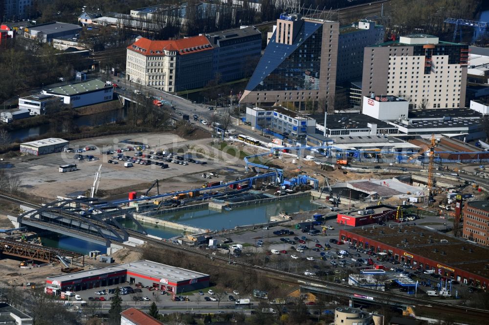 Aerial photograph Berlin - Civil engineering construction sites for construction of the extension of the urban motorway - Autobahn Autobahn A100 in Berlin Neukoelln