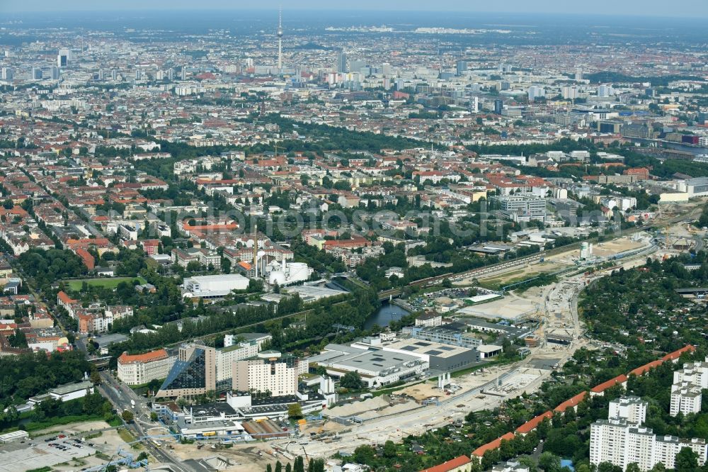 Berlin from above - Civil engineering construction sites for construction of the extension of the urban motorway - Autobahn Autobahn A100 in Berlin Neukoelln