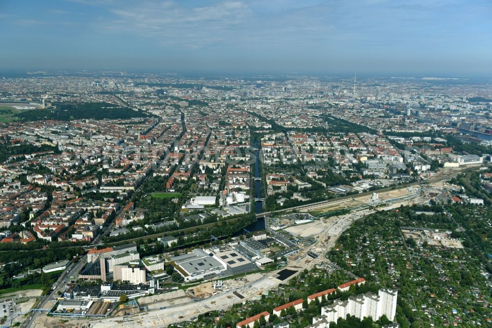 Aerial photograph Berlin - Civil engineering construction sites for construction of the extension of the urban motorway - Autobahn Autobahn A100 in Berlin Neukoelln