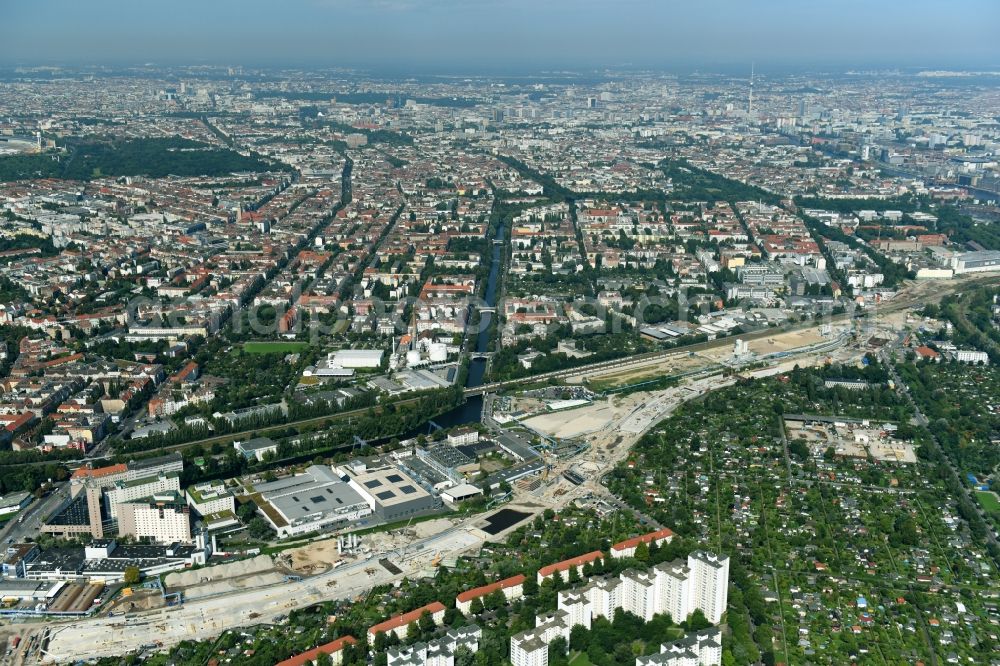 Berlin from above - Civil engineering construction sites for construction of the extension of the urban motorway - Autobahn Autobahn A100 in Berlin Neukoelln