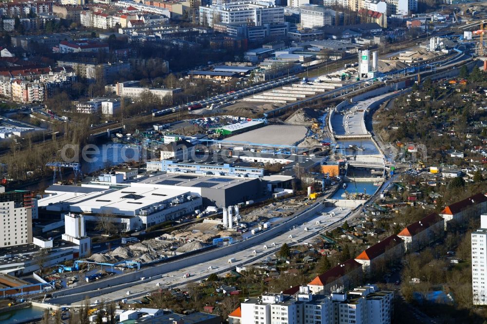 Aerial image Berlin - Civil engineering construction sites for construction of the extension of the urban motorway - Autobahn Autobahn A100 in Berlin Neukoelln