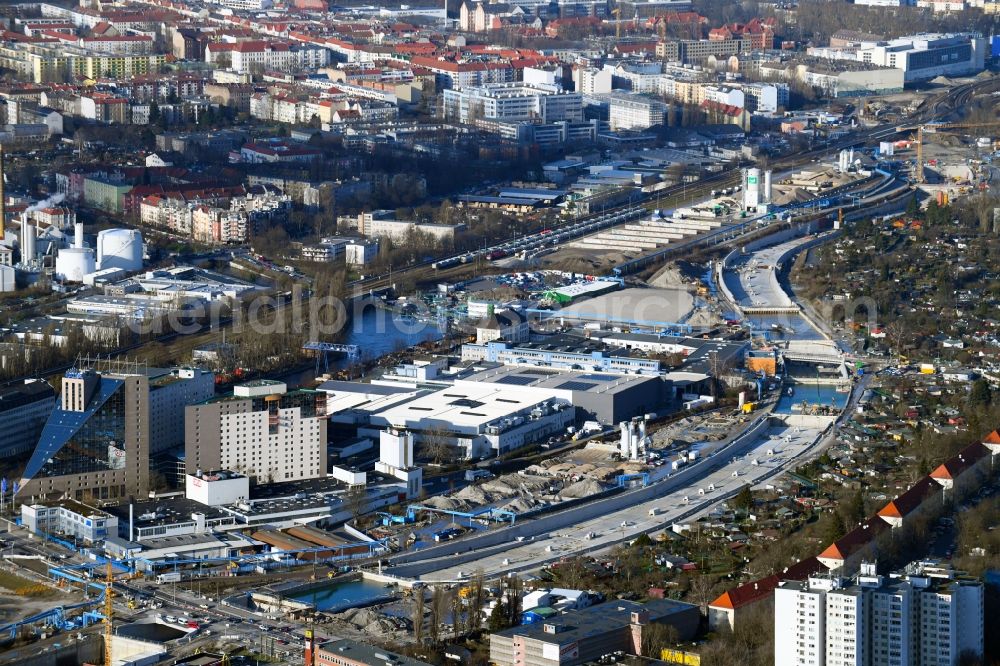 Berlin from above - Civil engineering construction sites for construction of the extension of the urban motorway - Autobahn Autobahn A100 in Berlin Neukoelln