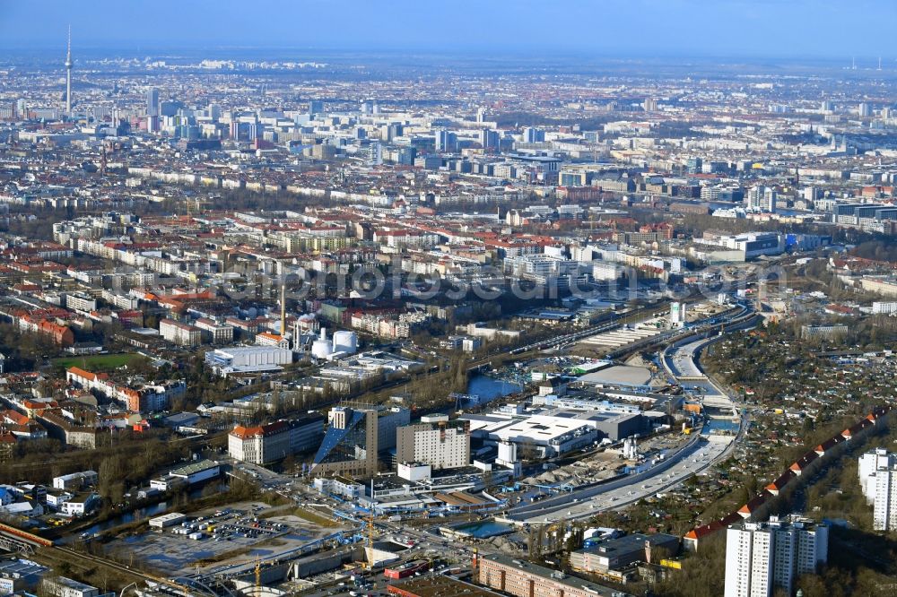 Berlin from the bird's eye view: Civil engineering construction sites for construction of the extension of the urban motorway - Autobahn Autobahn A100 in Berlin Neukoelln