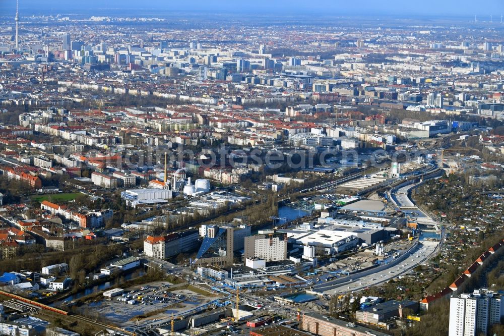 Aerial image Berlin - Civil engineering construction sites for construction of the extension of the urban motorway - Autobahn Autobahn A100 in Berlin Neukoelln