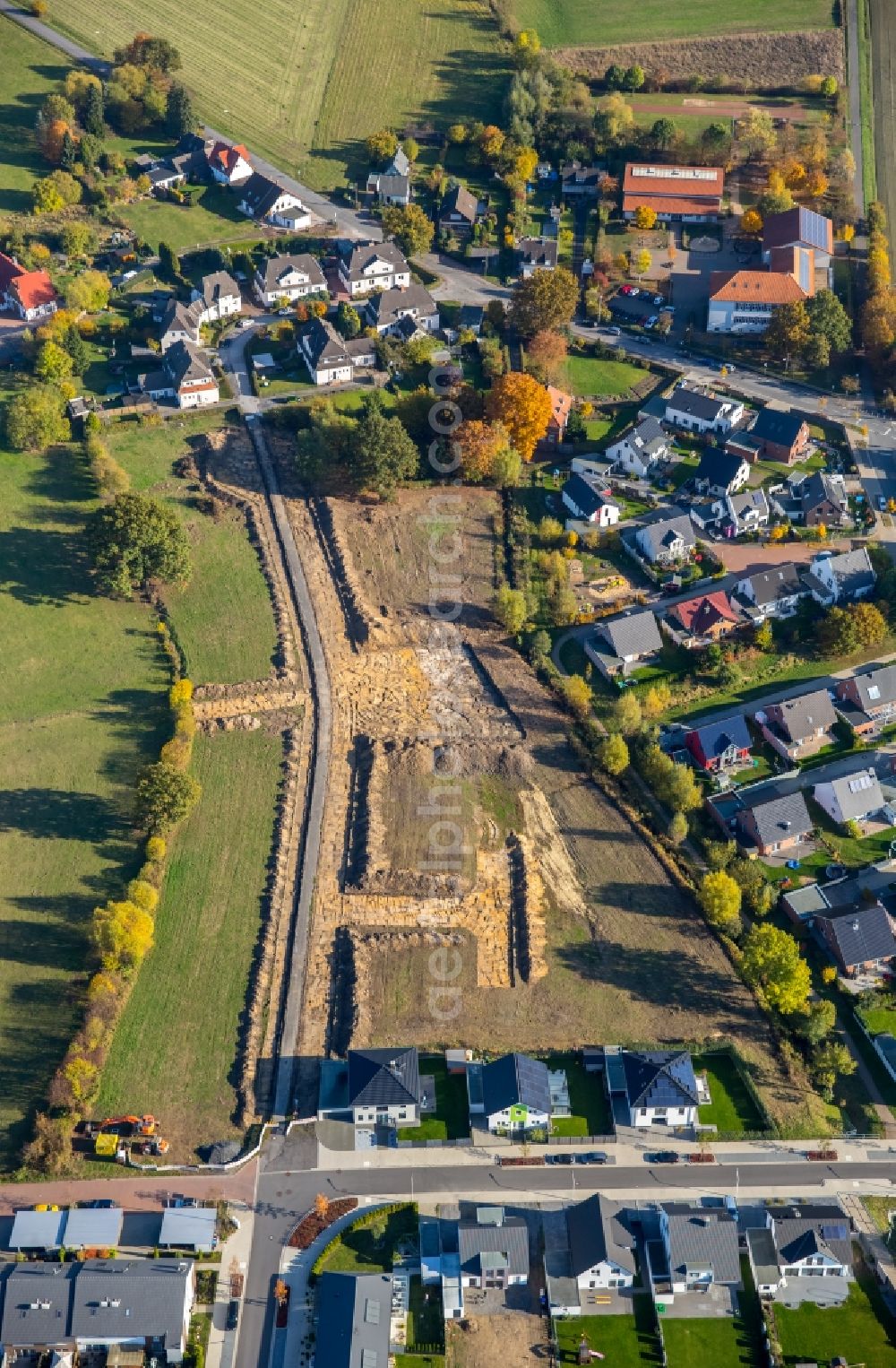 Hamm from above - Construction sites for new construction residential area of detached housing estate Brandheide in Hamm in the state North Rhine-Westphalia