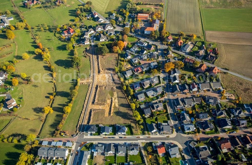 Hamm from the bird's eye view: Construction sites for new construction residential area of detached housing estate Brandheide in Hamm in the state North Rhine-Westphalia