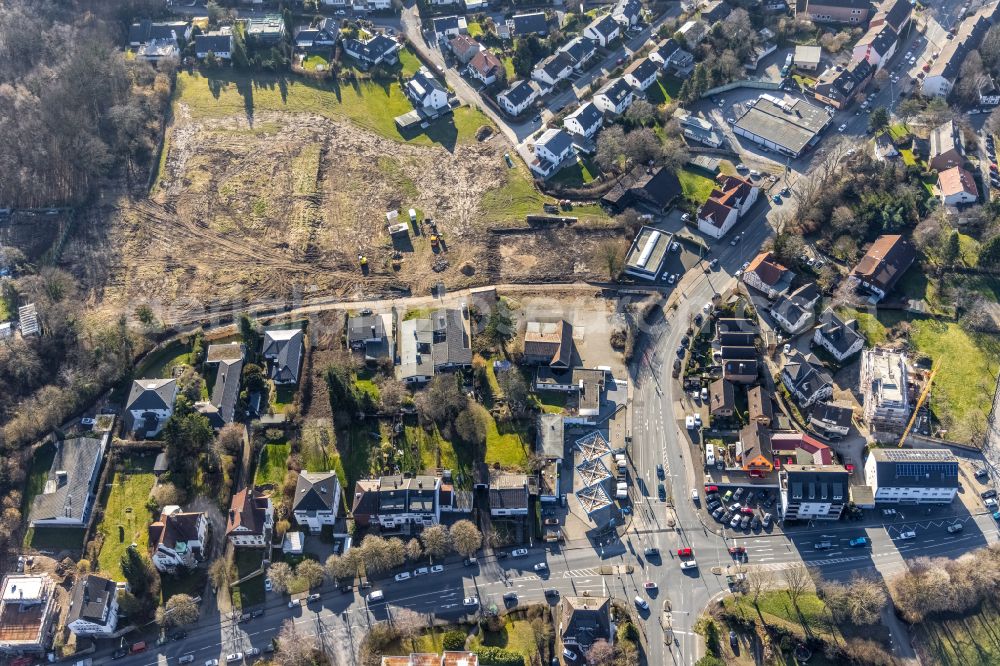 Hagen from the bird's eye view: Construction sites for new construction residential area of detached housing estate Auf of Gehre between Gehrstrasse and Kraehenweg on street Im Langen Lohe in Hagen at Ruhrgebiet in the state North Rhine-Westphalia, Germany