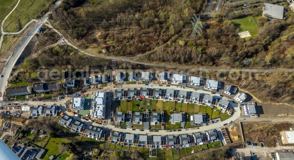 Aerial image Bochum - Construction sites for new construction residential area of detached housing estate MARKA?SCHER BOGEN in Weitmar in Bochum in the state North Rhine-Westphalia, Germany