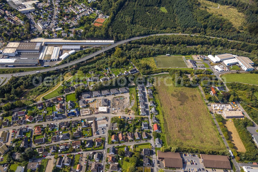 Aerial image Menden (Sauerland) - Construction sites for new construction residential area of detached housing estate in Menden (Sauerland) in the state North Rhine-Westphalia, Germany