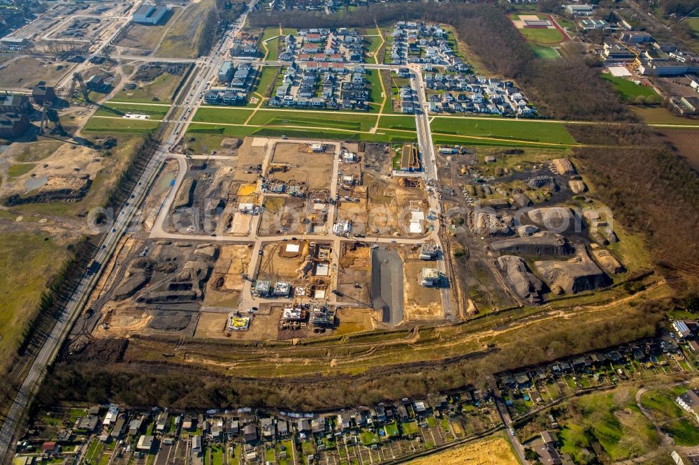 Aerial image Neukirchen-Vluyn - Construction sites for new construction residential area of detached housing estate Dicksche Heide on Niederrheinallee in Neukirchen-Vluyn in the state North Rhine-Westphalia