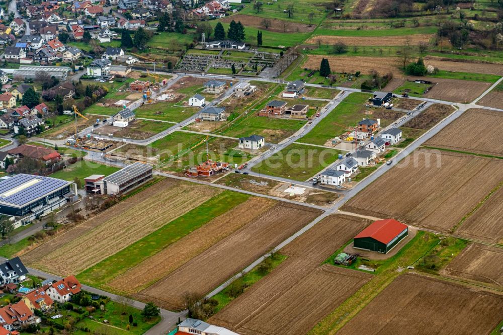 Aerial image Niederschopfheim - Construction sites for new construction residential area of detached housing estate in Niederschopfheim in the state Baden-Wurttemberg, Germany