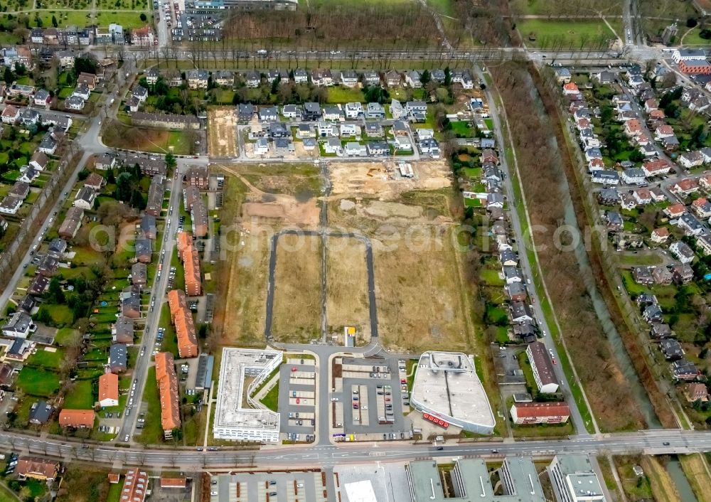 Hamm from the bird's eye view: Construction sites for new construction residential area of detached housing estate Paracelsuspark of Paracelsus GmbH & Co. KG in Hamm in the state North Rhine-Westphalia