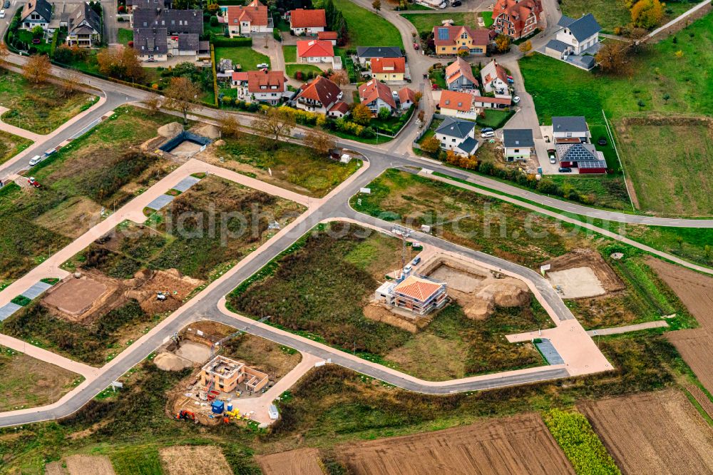 Rheinhausen from above - Construction sites for new construction residential area of detached housing estate on street Keltenweg in Rheinhausen in the state Baden-Wuerttemberg, Germany