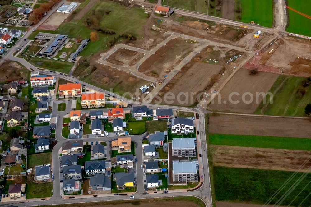 Aerial image Rust - Construction sites for new construction residential area of detached housing estate in Rust in the state Baden-Wurttemberg, Germany