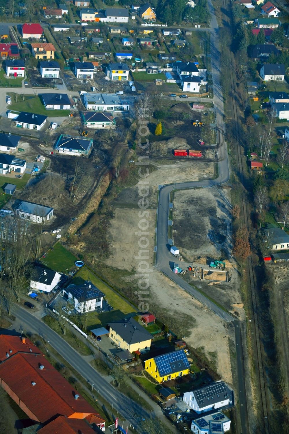 Aerial image Schildow - Construction sites for new construction residential area of detached housing estate Schoenfliesser Strasse in Schildow in the state Brandenburg, Germany