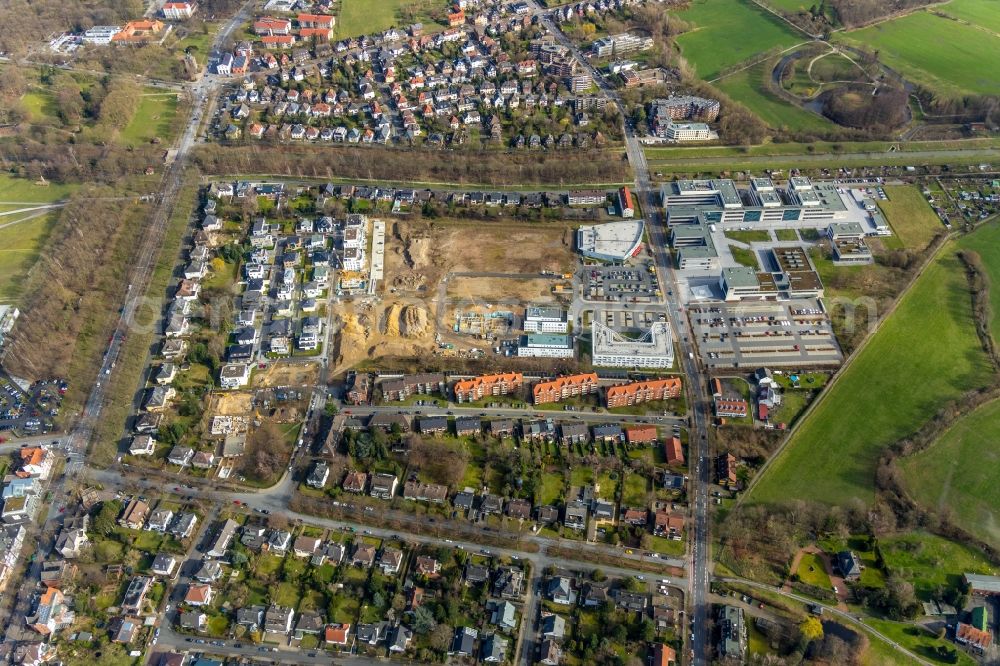 Hamm from the bird's eye view: Construction sites for the new residential area of a multi-family housing estate in Hamm in the state of North Rhine-Westphalia