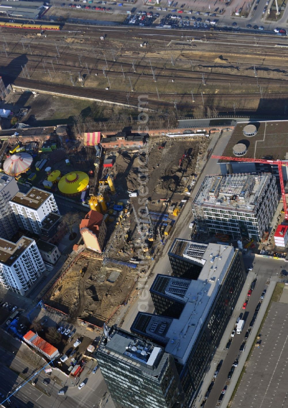 Berlin from above - Construction sites for residential and commercial building construction Rummelsburger place - Marianne von Rantzau Street in Friedrichshain district of Berlin