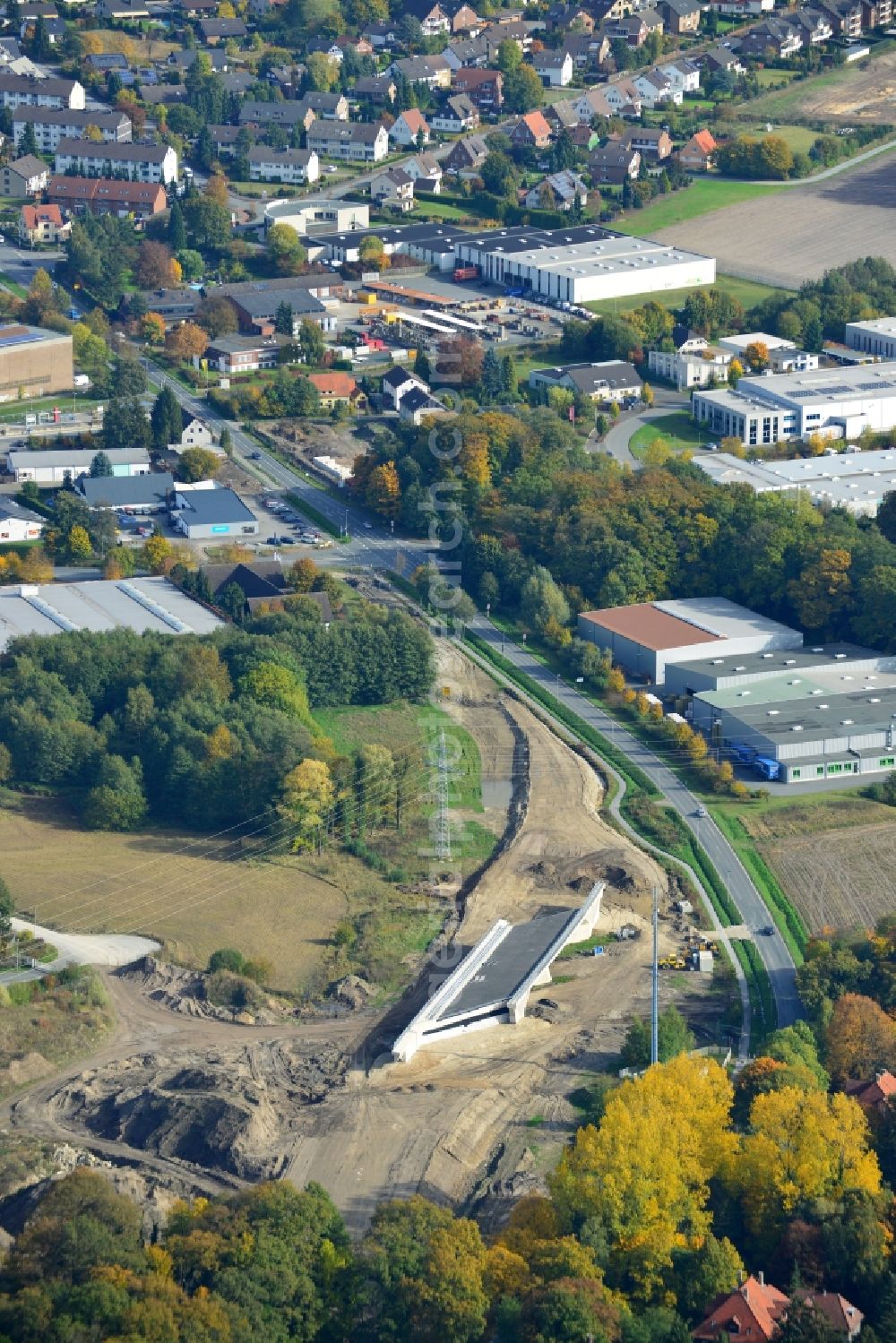 Aerial photograph Steinhagen - View of construction sites of bridge structures, thus the Autobahn A 33 can be extended at the Bielefeld cross