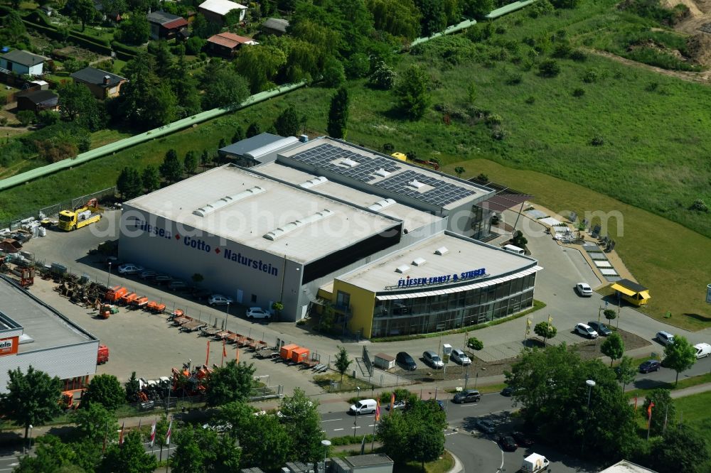 Magdeburg from the bird's eye view: Building Materials and logistics center of Tile Ernst & Stieger GmbH in Magdeburg in the state Saxony-Anhalt, Germany