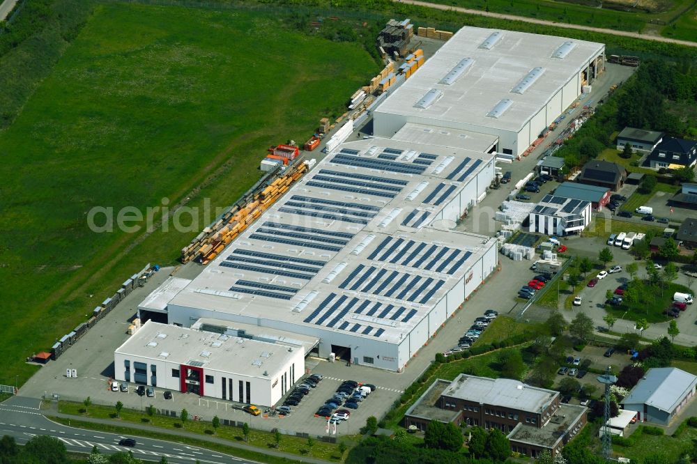 Lübeck from the bird's eye view: Building Materials and logistics center of Friedrich Klatt GmbH in the district Sankt Lorenz Nord in Luebeck in the state Schleswig-Holstein, Germany