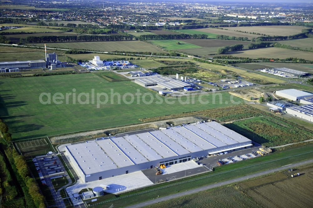 Sülzetal from above - Building Materials and logistics center SGBD Deutschland GmbH on Bielefelder Strasse in Suelzetal in the state Saxony-Anhalt, Germany