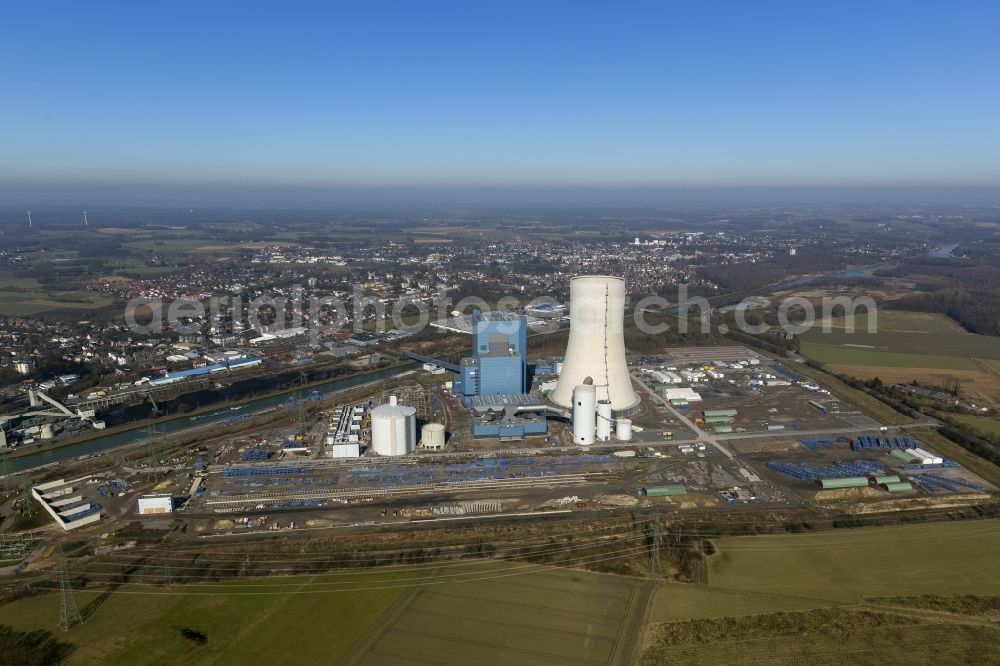 Aerial image Datteln - Construction stop site of new coal-fired power plant dates on the Dortmund-Ems Canal