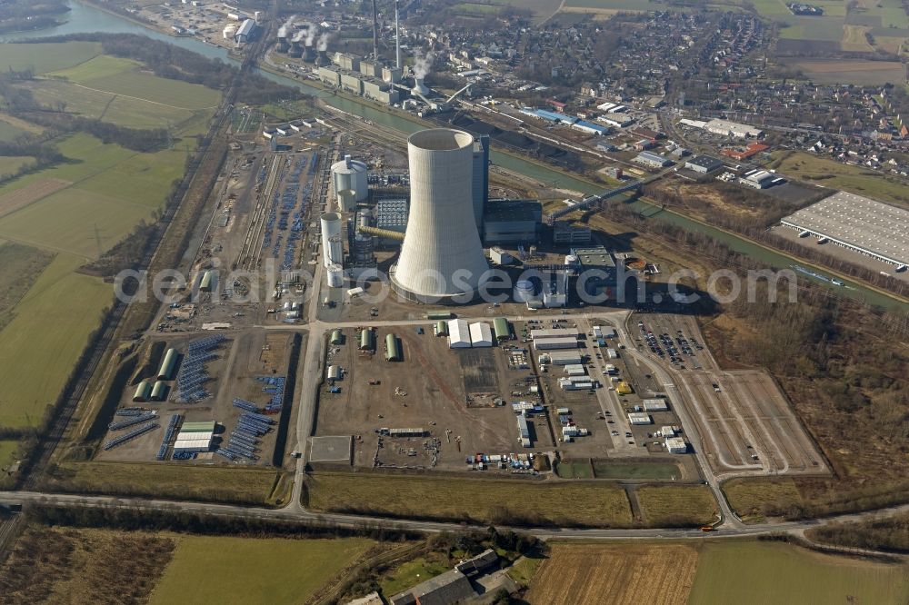 Aerial image Datteln - Construction stop site of new coal-fired power plant dates on the Dortmund-Ems Canal