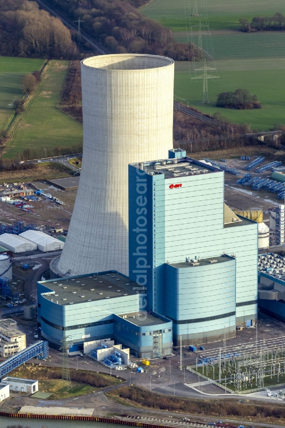 Aerial photograph Datteln - Construction stop site of new coal-fired power plant dates on the Dortmund-Ems Canal