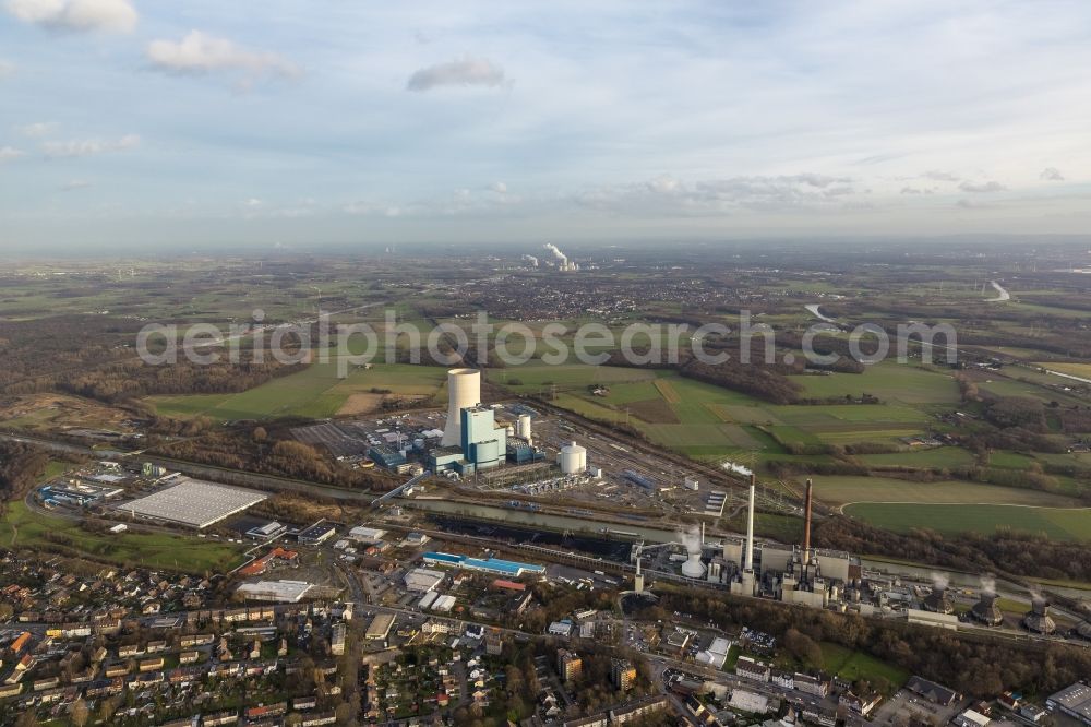 Datteln from above - Construction stop site of new coal-fired power plant dates on the Dortmund-Ems Canal