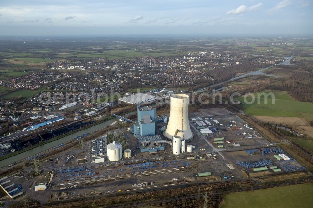 Datteln from the bird's eye view: Construction stop site of new coal-fired power plant dates on the Dortmund-Ems Canal