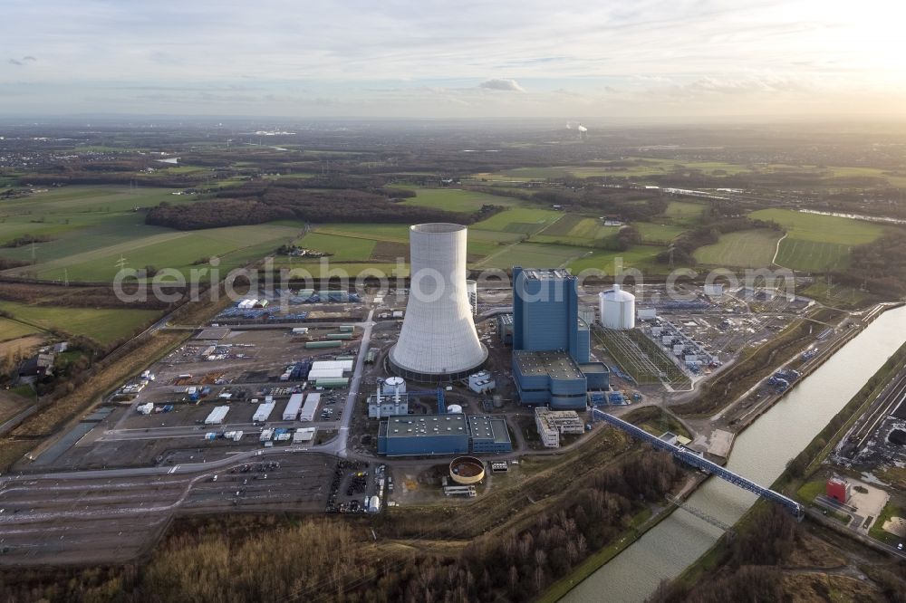 Datteln from the bird's eye view: Construction stop site of new coal-fired power plant dates on the Dortmund-Ems Canal