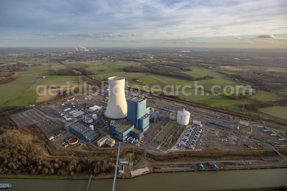 Datteln from above - Construction stop site of new coal-fired power plant dates on the Dortmund-Ems Canal