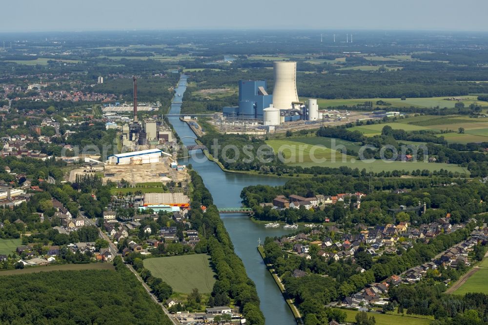 Aerial image Datteln - Construction stop site of new coal-fired power plant dates on the Dortmund-Ems Canal