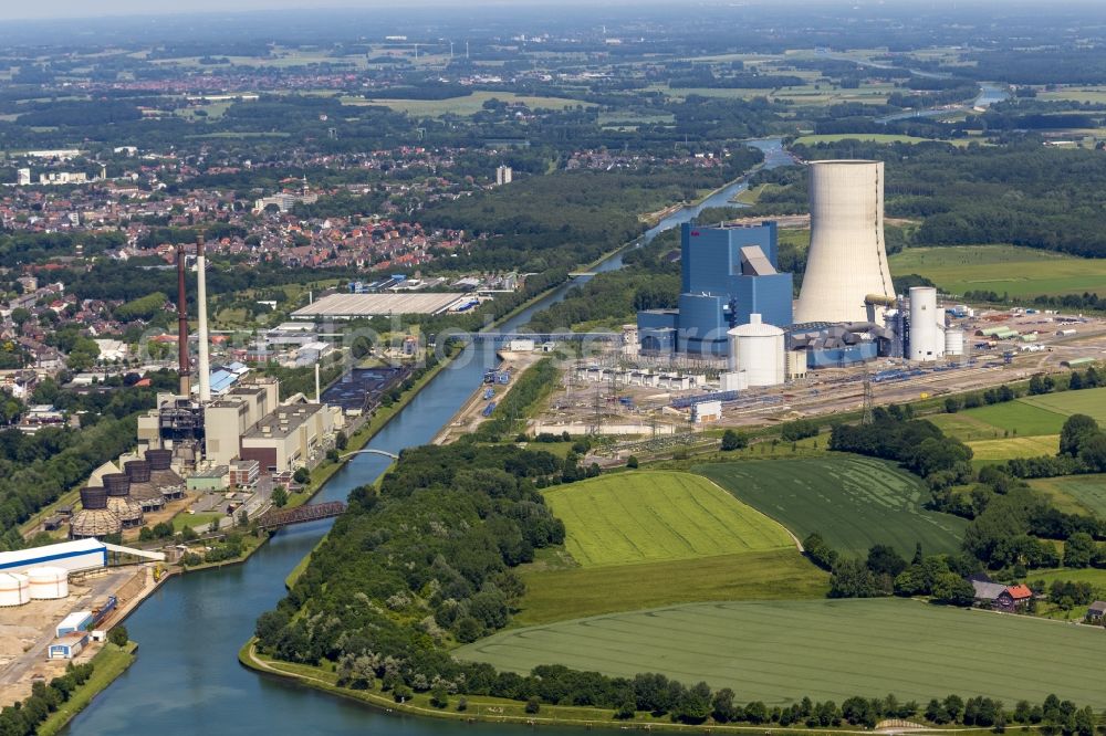 Datteln from the bird's eye view: Construction stop site of new coal-fired power plant dates on the Dortmund-Ems Canal