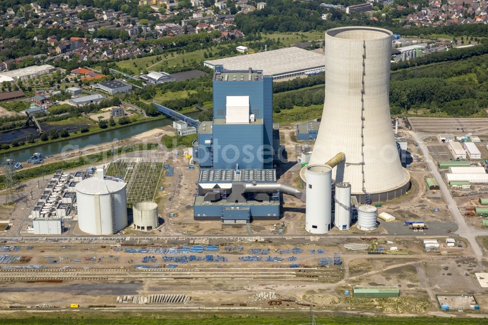 Datteln from the bird's eye view: Construction stop site of new coal-fired power plant dates on the Dortmund-Ems Canal