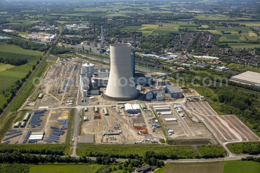 Aerial image Datteln - Construction stop site of new coal-fired power plant dates on the Dortmund-Ems Canal