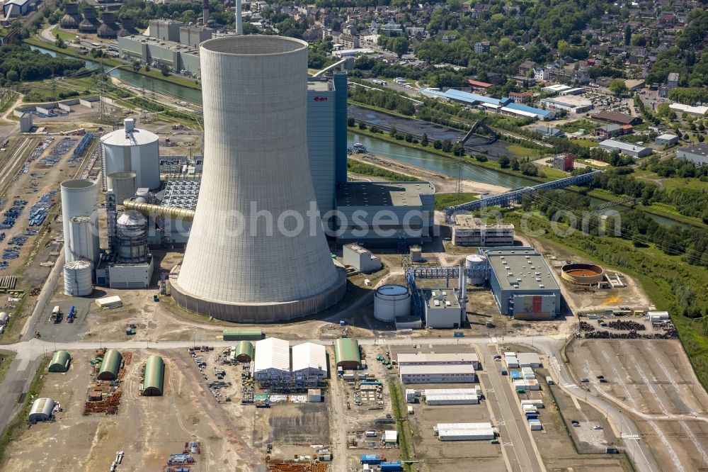 Datteln from above - Construction stop site of new coal-fired power plant dates on the Dortmund-Ems Canal