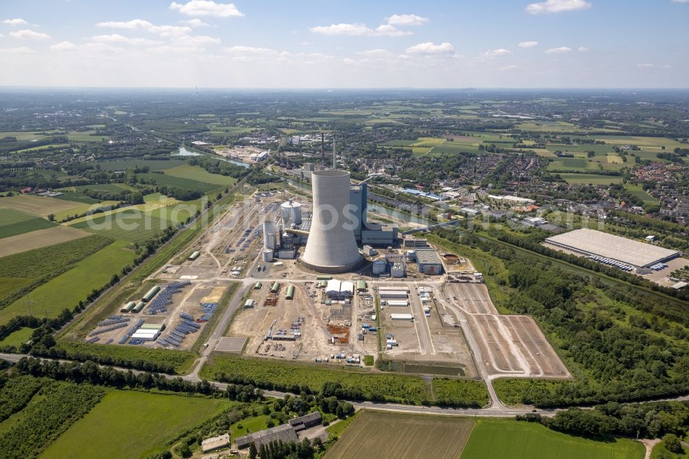 Datteln from the bird's eye view: Construction stop site of new coal-fired power plant dates on the Dortmund-Ems Canal