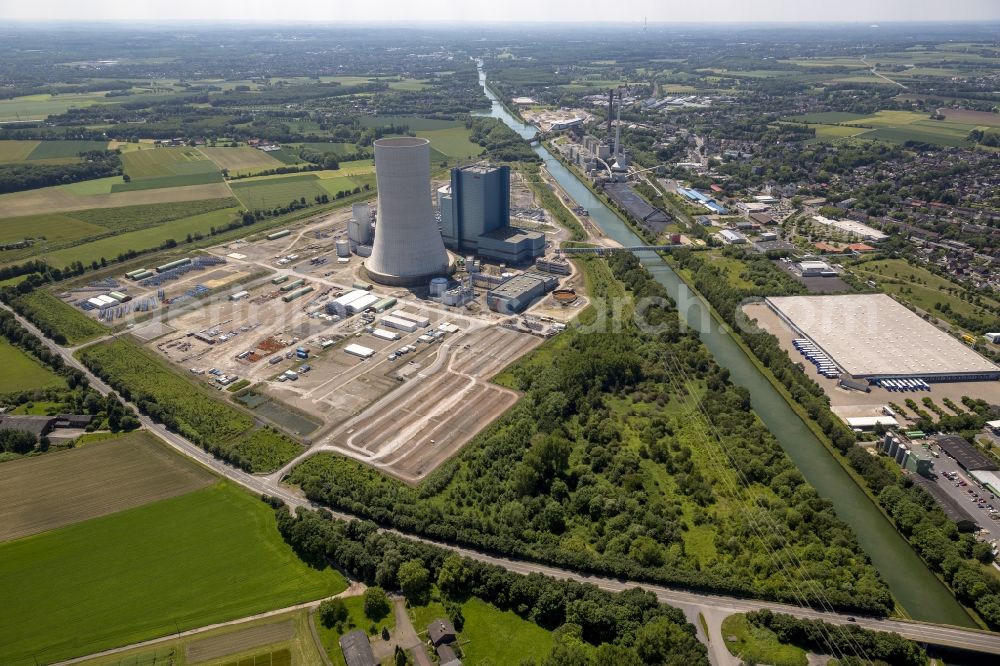 Aerial image Datteln - Construction stop site of new coal-fired power plant dates on the Dortmund-Ems Canal