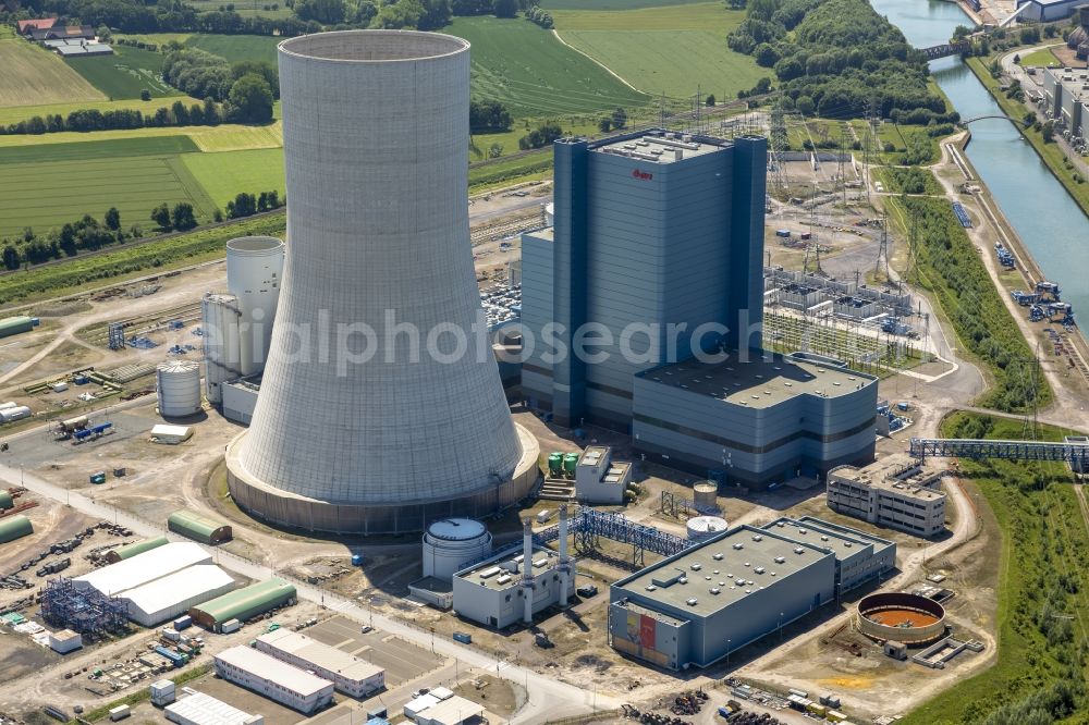 Datteln from above - Construction stop site of new coal-fired power plant dates on the Dortmund-Ems Canal