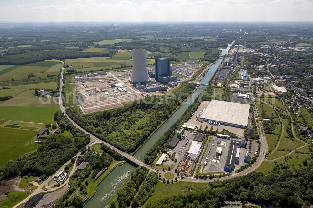 Aerial image Datteln - Construction stop site of new coal-fired power plant dates on the Dortmund-Ems Canal