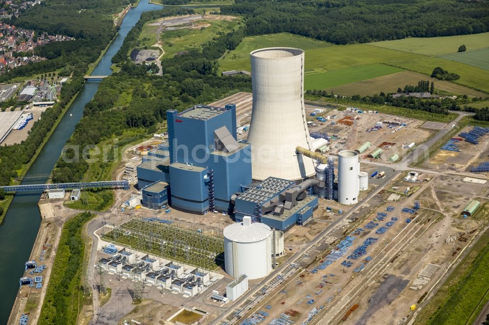 Aerial image Datteln - Construction stop site of new coal-fired power plant dates on the Dortmund-Ems Canal