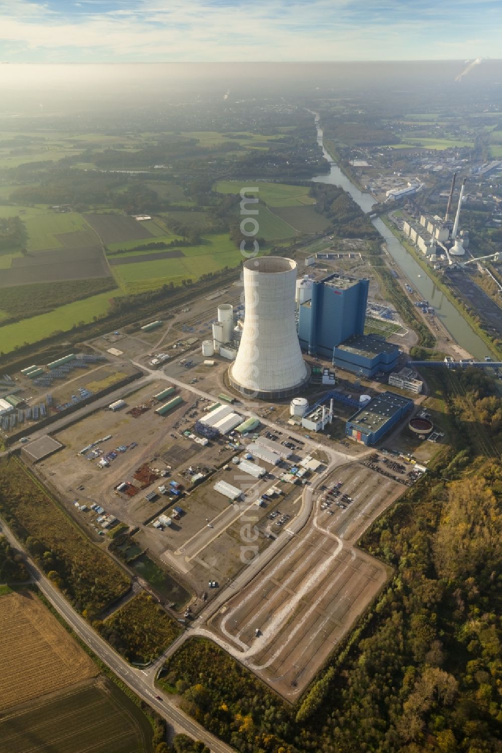 Datteln from above - Construction stop site of new coal-fired power plant dates on the Dortmund-Ems Canal