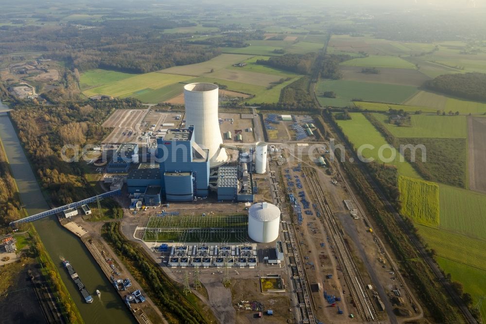 Datteln from the bird's eye view: Construction stop site of new coal-fired power plant dates on the Dortmund-Ems Canal