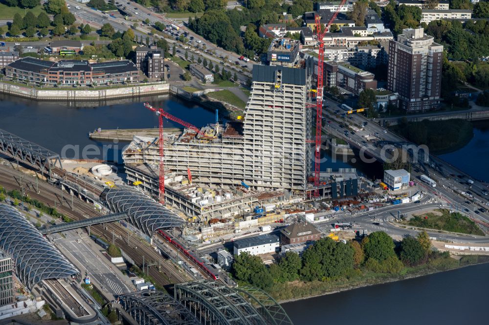 Aerial photograph Hamburg - Construction stop on the construction site for the new high-rise building complex Elbtower on Zweibrueckenstrasse between Oberhafenkanal and Norderelbe in the HafenCity district of Hamburg, Germany