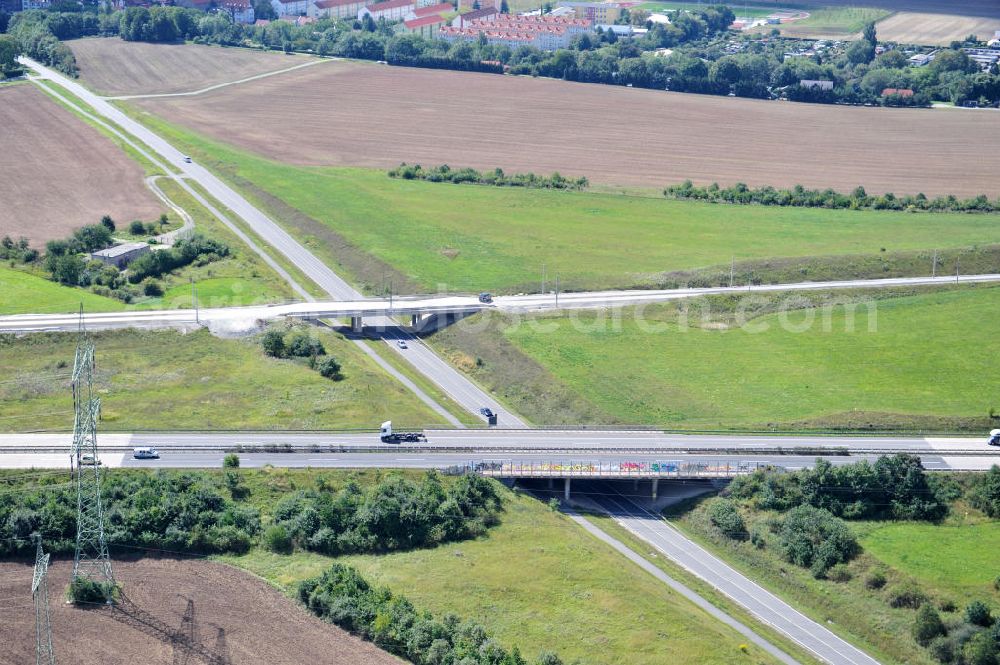 Ichtershausen from the bird's eye view: View of the building freeze occupied for years with viaducts of the ICE path Erfurt-Nürnberg at the intersection A4 / E40 - A71 near Ichtershausen in Thuringia