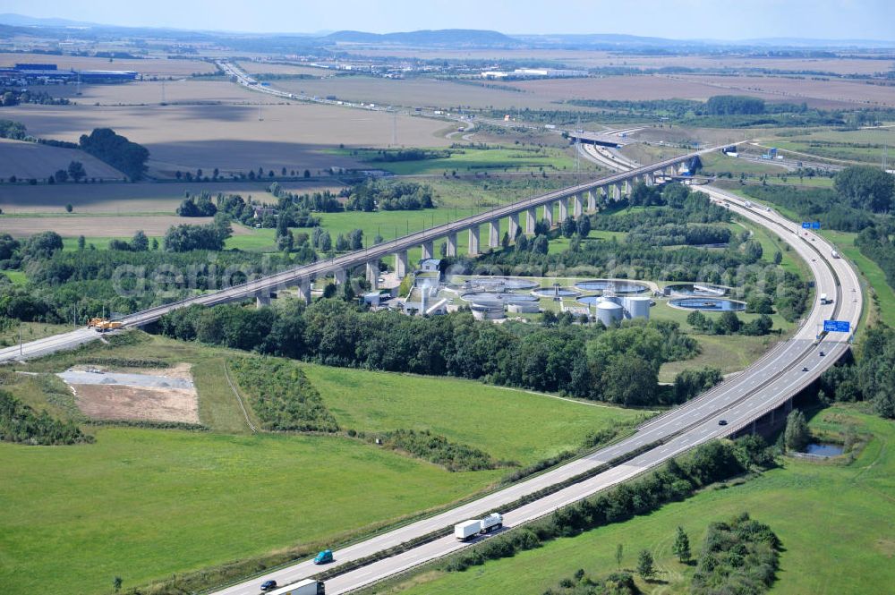 Aerial photograph Ichtershausen - View of the building freeze occupied for years with viaducts of the ICE path Erfurt-Nürnberg at the intersection A4 / E40 - A71 near Ichtershausen in Thuringia