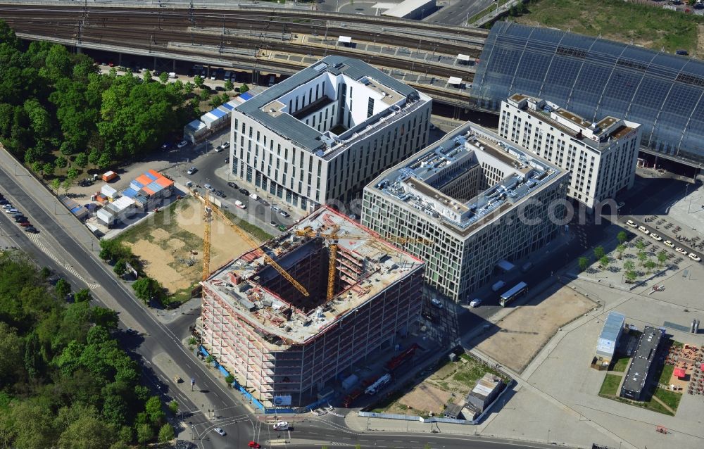 Berlin from above - View of the construction site of the eight-storied office building John F. Kennedy House at Washingtonplatz in Berlin - Mitte. The modern building in front of the central station is being developed by CA Immo and designed by the architects Auer, Weber and Associates