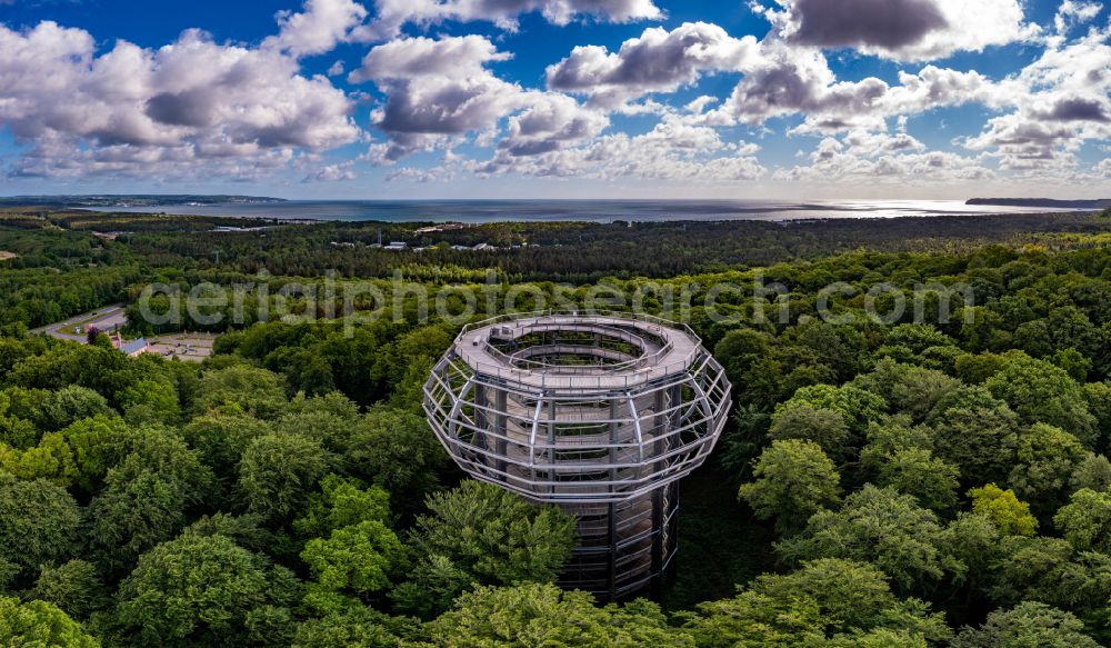 Binz from above - Structure of the observation tower Baumwipfelpfad in Naturerbe Zentrum Ruegen in Binz in the state Mecklenburg - Western Pomerania, Germany