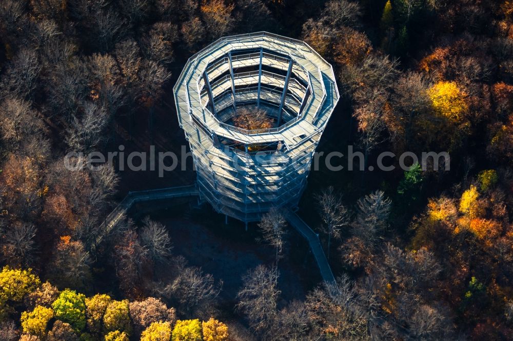 Aerial image Ebracher Forst - structure of the observation tower Baumwipfelpfad Steigerwald Tower in Ebracher Forst in the state Bavaria, Germany